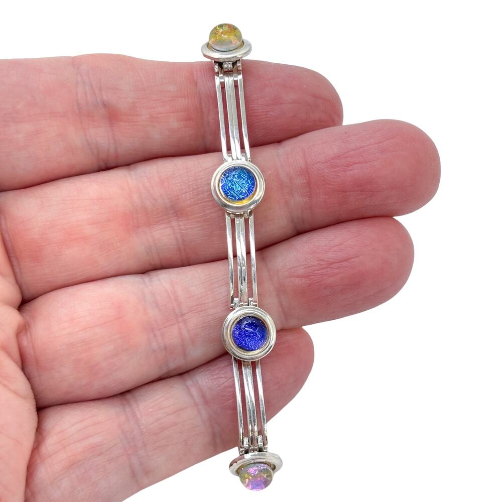 Vintage Italy Sterling Silver 925 Dichroic Glass Cabochon Bracelet 6.5"